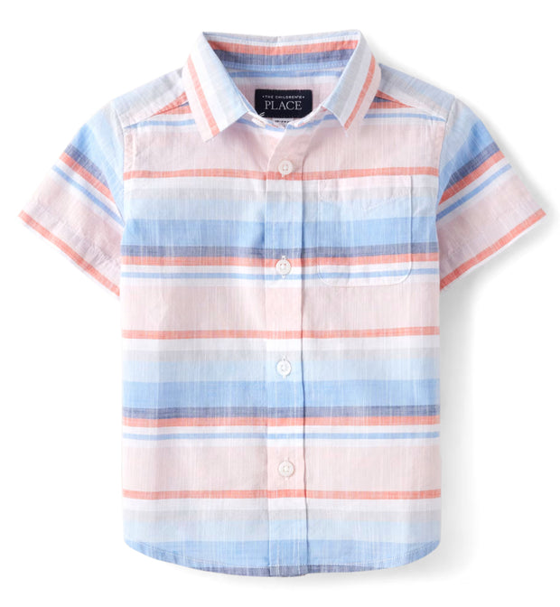 Striped Chambray Button Up Shirt - Coral