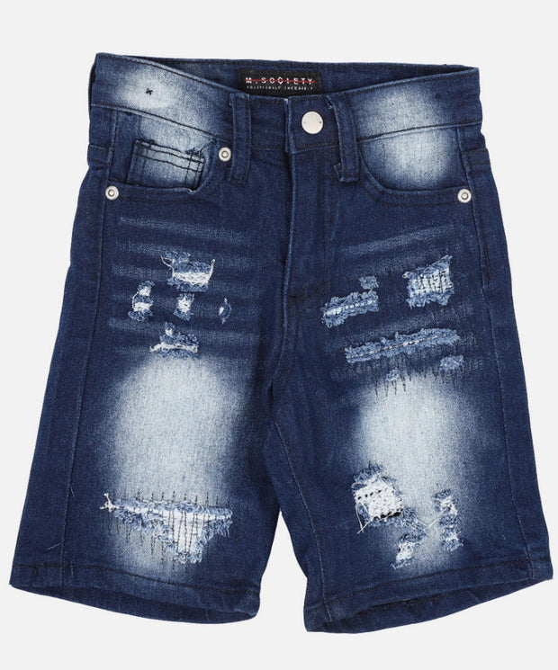 Indigo Wash Rip & Repair Denim Shorts