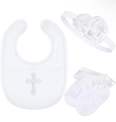 Baptism Bibs, Socks, Pearl Headband Set, 3pc