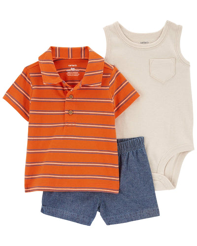 3pc Orange Striped Polo & Little Denim Short Set