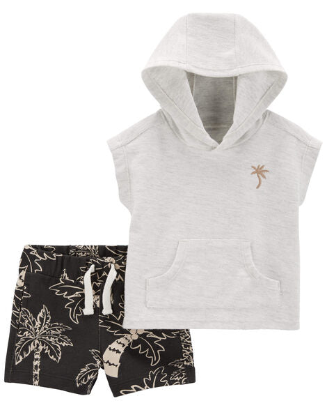 2pc Palm Tree Hooded Tee & Shorts Set