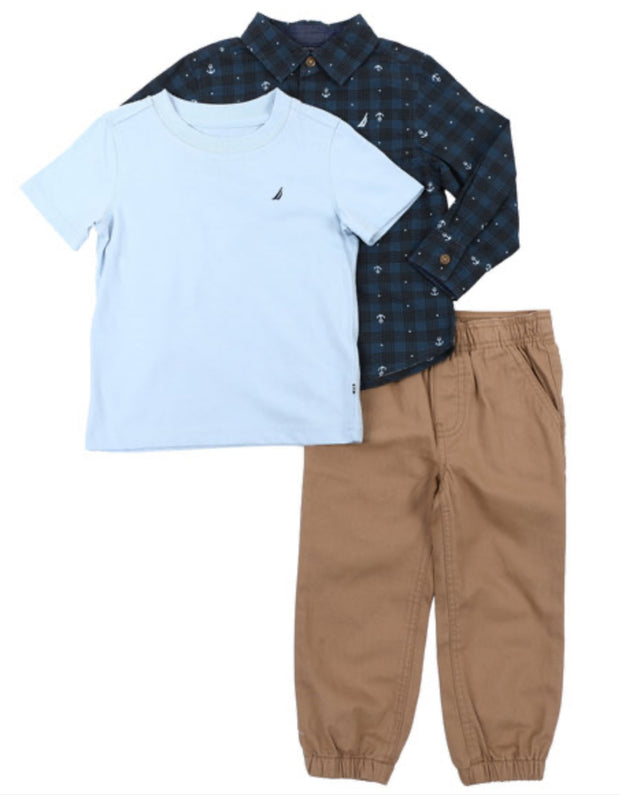 3pc Long Sleeve Plaid Shirt, Tee & Pants Set