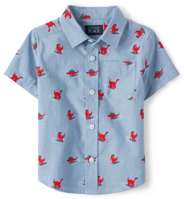 Dino Poplin Button Up Shirt - Blue