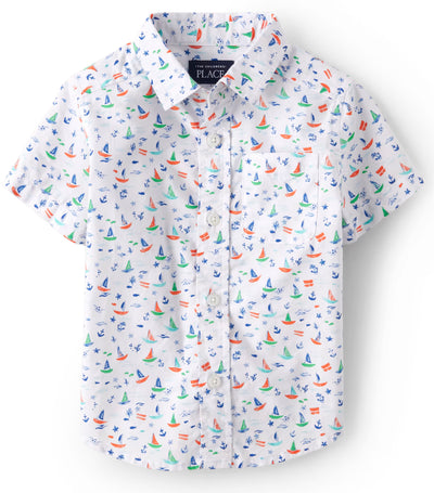 Sailboat Poplin Button Up Shirt - White